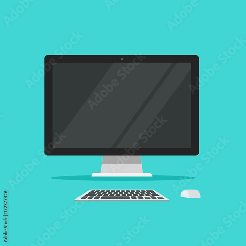 Monitor keyboard and mouse vector illustration isolated on color background flat cartoon style, idea of computer workplace, working table, work desk with pc