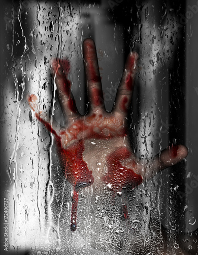 Steam room apocalypse,3d illustration of person hand against wet glass with condensation effect,Horror background,mixed media 