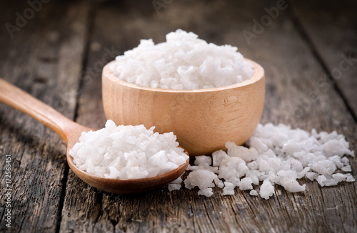 salt crystals on wooden table