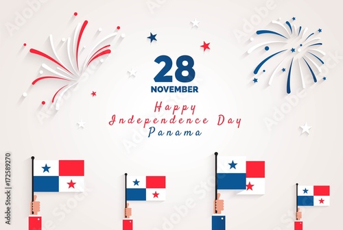 28 november. Panama Independence Day greeting card. Celebration background with fireworks, flags and text. Vector illustration