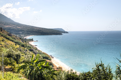 The long sandy beach of Kanali on Kefalonia island in the Ionian sea in Greece 