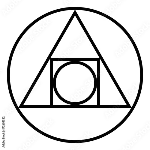 The Squared Circle. Alchemical glyph from seventeenth century. Symbol for the creation of the philosophers stone and the interplay of the four elements of matter. Black and white illustration. Vector.