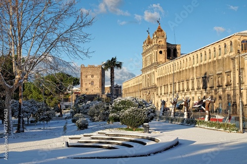 Monastery Of St. Lucy And Norman Castle Of Adrano Under The Snow, Sicily