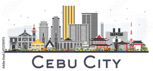 Cebu City Philippines Skyline with Gray Buildings Isolated on White Background.