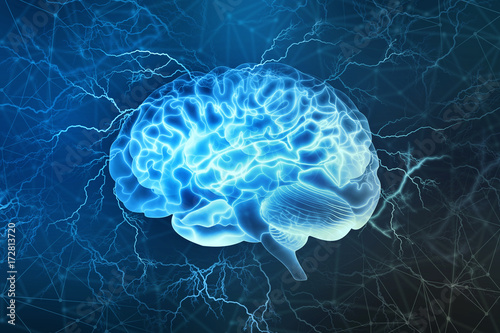 Human brain digital illustration. Electrical activity, flashes and lightning on a blue background.