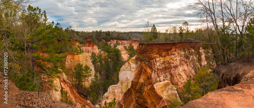 Panoramic aerial view of canyons and thicket in the Providence Canyon State Park in cloudy autumn day, Georgia, USA