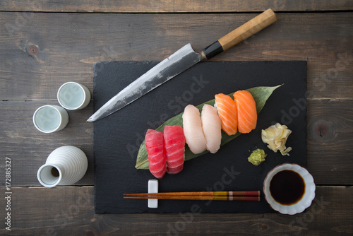 sushi platter with sashimi knife