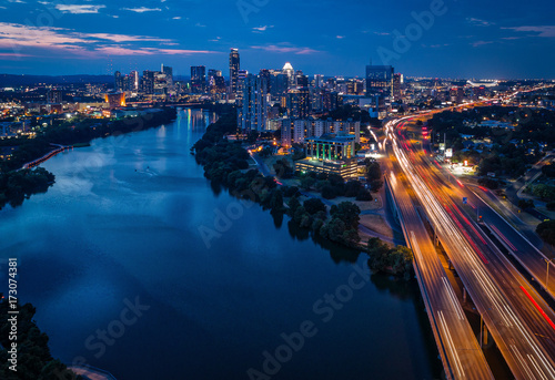 Downtown Austin, Texas during sunset featuring traffic on I-35