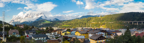 Bischofshofen, Pongau, Salzburger Land, Austria, landscape on the city and the alps. Fresh snow at the begin of Autumn