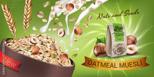 Oatmeal muesli ads. Vector realistic illustration of oatmeal muesli with nuts and seeds.