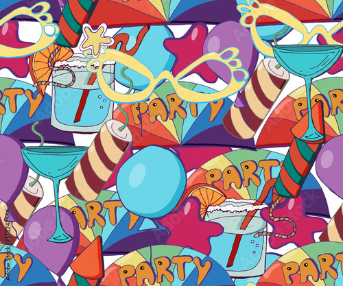 Cute holiday seamless background. Hand drawn vector pattern with stars, baloons, fireworks, candies, lollipops, cupcakes, ice creams, gift boxes, cocktails. Can use it for birthday party decoration.
