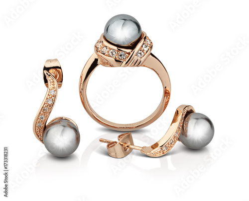Golden jewelry set with pearls isolated on white, clipping path