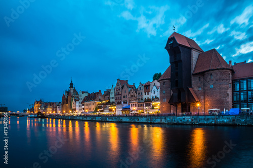Old town and Motlawa river at night in Gdansk, Pomorze, Poland