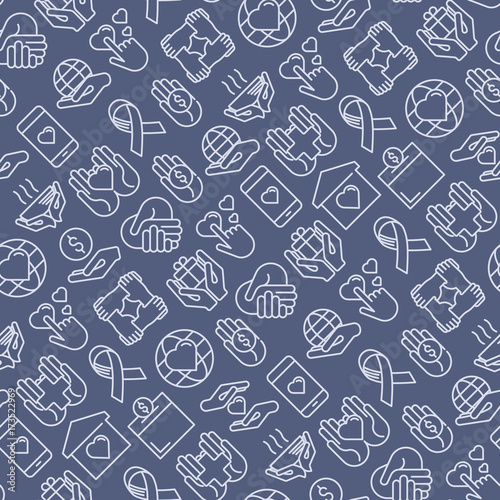 Charity and donation seamless pattern with thin line icons related to nonprofit organizations, fundraising, crowdfunding and charity project. Vector illustration for banner, print media.