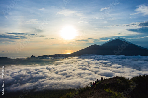 Volcano Gunung Agung at dawn. View of from Mount Batur in Bali.