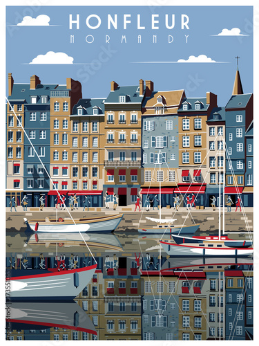 A Sunny day in the port of Honfleur, Normandy, France. Handmade drawing vector illustration. Vintage style. All buildings - customizable different objects.
