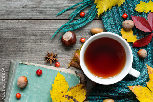 Autumn background with dry leaves, scarf, cup of tea with spices and vintage book