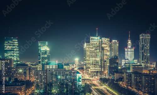 Warsaw downtown at night, Poland. Wide angle. Vintage colors