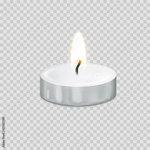 Candle tealight or candlelight vector 3D realistic icon burning flame fire