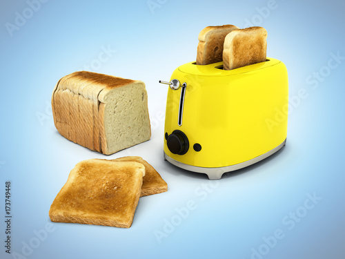Toaster with toasted bread isolated on blue gradient background Kitchen equipment Close up 3d