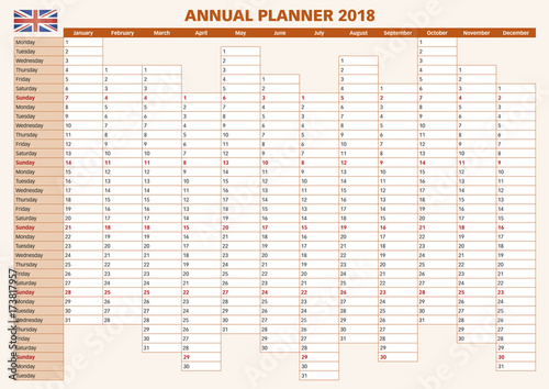 Annual planner english UK 2018 year planner