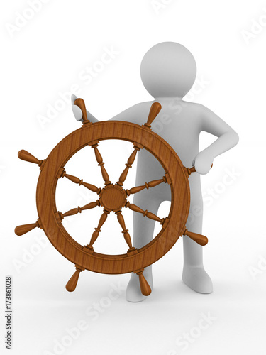 sea captain with steering wheel on white background. Isolated 3D illustration