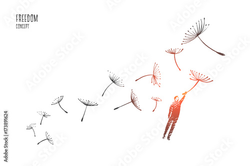 Freedom concept. Hand drawn man flying with dandelions. Person flying and free isolated vector illustration.
