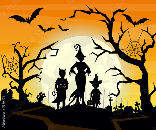 Vector illustration of Halloween background with silhouettes of children trick in Halloween costume. Halloween postcard in flat cartoon style.