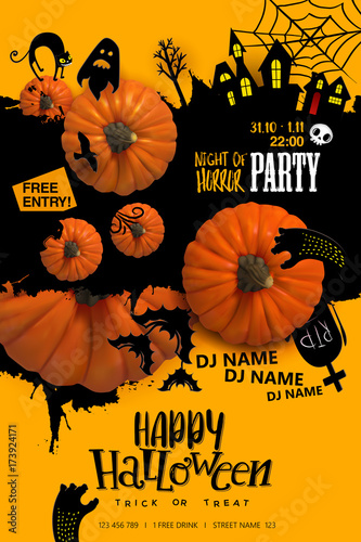 Halloween Paper art Party poster. Cartoon silhouettes on blot background with realistic Pumpkins. Vector illustration. Paper cut holiday design with hand lettering greetings. Retro style