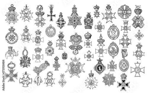 Illustration of vintage crosses and medals.
