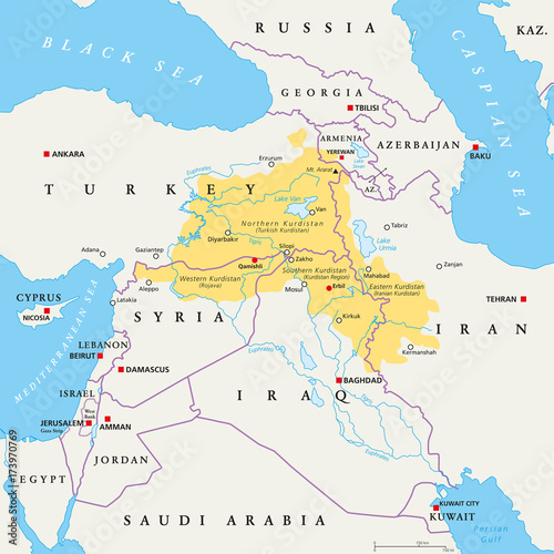 Kurdistan region political map. Kurdish inhabited areas in the middle east. Northern, Western, Eastern and Southern Kurdistan in Turkey, Syria, Iraq and Iran. English labeling. Illustration. Vector.