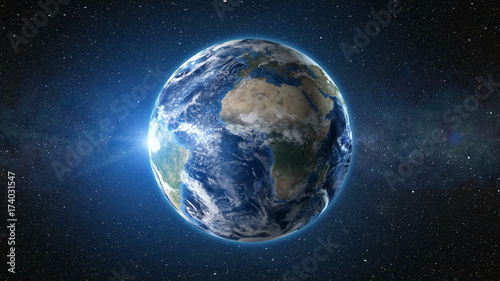 3D Render animation: sunrise view from space on Planet Earth. High detailed. Africa zone. Blue world in black Universe in stars. Realistic world globe. Elements of this image furnished by NASA