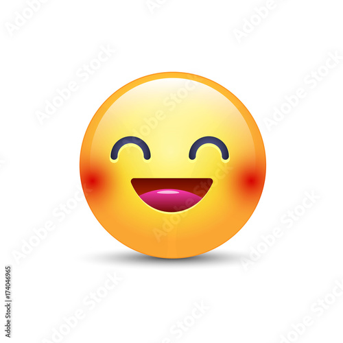 Fun yellow cartoon emoji face with smile and open eyes. Cute vector happy emoticon. Realistic smiley.