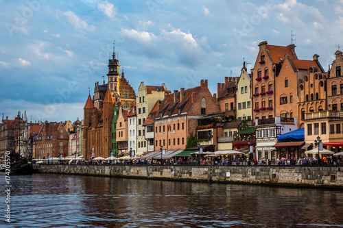 Mariacka Gate and historic buildings on old town in Gdansk city, Poland