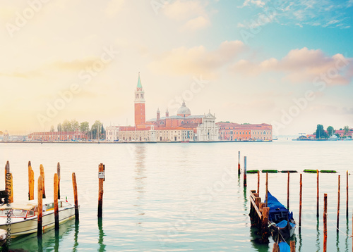 view of lagoon and San Giorgio island in sunrise light, Venice, Italy, retro toned