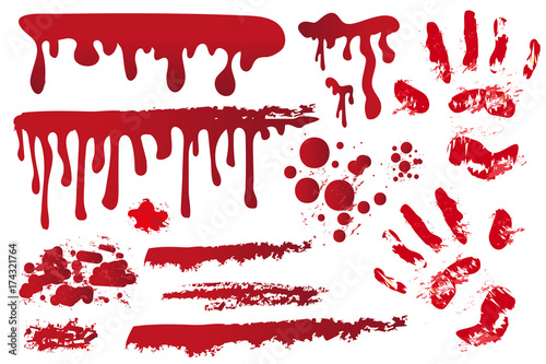 Set realistic bloody streaks. Handprint in the blood. Red splashes, spray, stains. Drops, drippings of bloodstains Isolated on white background. Halloween Concept. Vector illustration