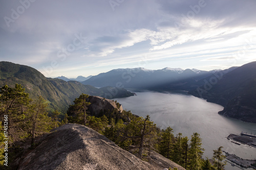 Beautiful sunset view of Howe Sound from the top of Chief Mountain. Taken in Squamish, North of Vancouver, British Columbia, Canada. 