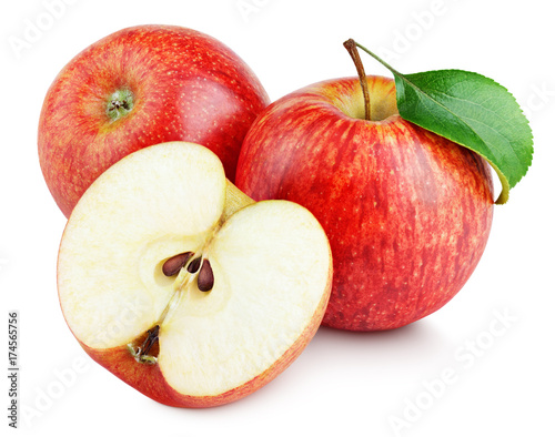 Ripe red apple fruit with apple half and apple leaf isolated on white background. Red apples and leaf with clipping path