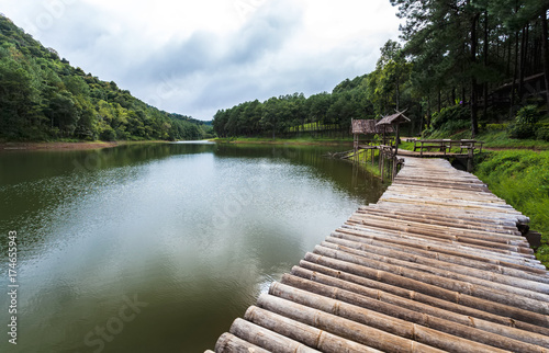 Bamboo Raft in Pang- Oung Lake park on raining day ,Mae Hong Son province,Thailand