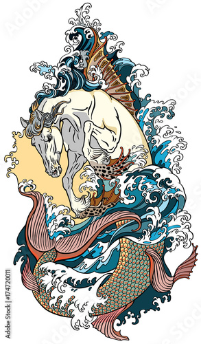 mythological sea horse hippocampus or hippocamp. Tattoo vector illustration 