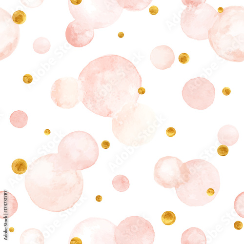 Watercolor vector texture. Aquarelle circles in pastel colors. Seamless pattern. Watercolor pink, and golden spots isolated on white background.