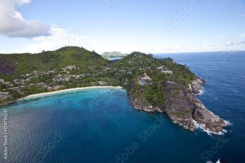 Look on the luxury resort Maya on the coast at the beach Anse Liberte, Mahe Island, Seychelles, Indian Ocean, Africa