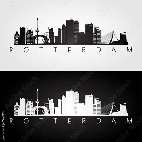 Rotterdam skyline and landmarks silhouette, black and white design, vector illustration.