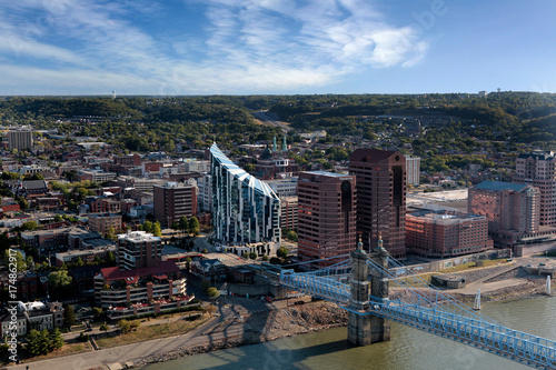 Aerial View of Covington Kentucky and the Roebling Suspension Bridge