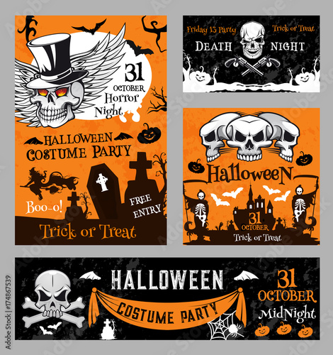 Halloween witch skull pumpkin night vector poster