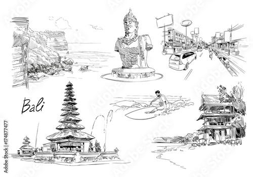 Hand drawn Bali landmarks set. Sketch vector illustration.