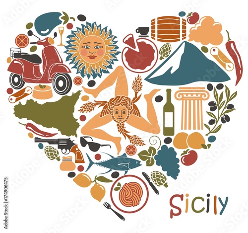 Set of icons on a theme of Sicily in the form of a heart