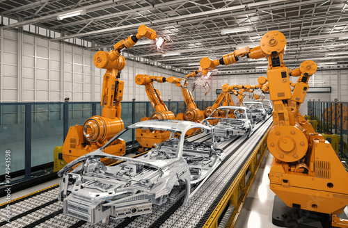 robot assembly line in car factory