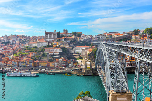 view of panoramic porto old town and dom luis bridge with duoro river ,portugal