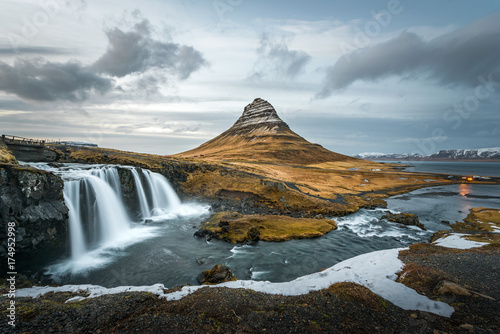 Kirkjufellsfoss, landmark of iceland during late winter